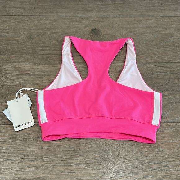 YEAR OF OURS Hot Pink White Racer V Neck Active Workout Gym Sports Bra Size S - Picture 2 of 9